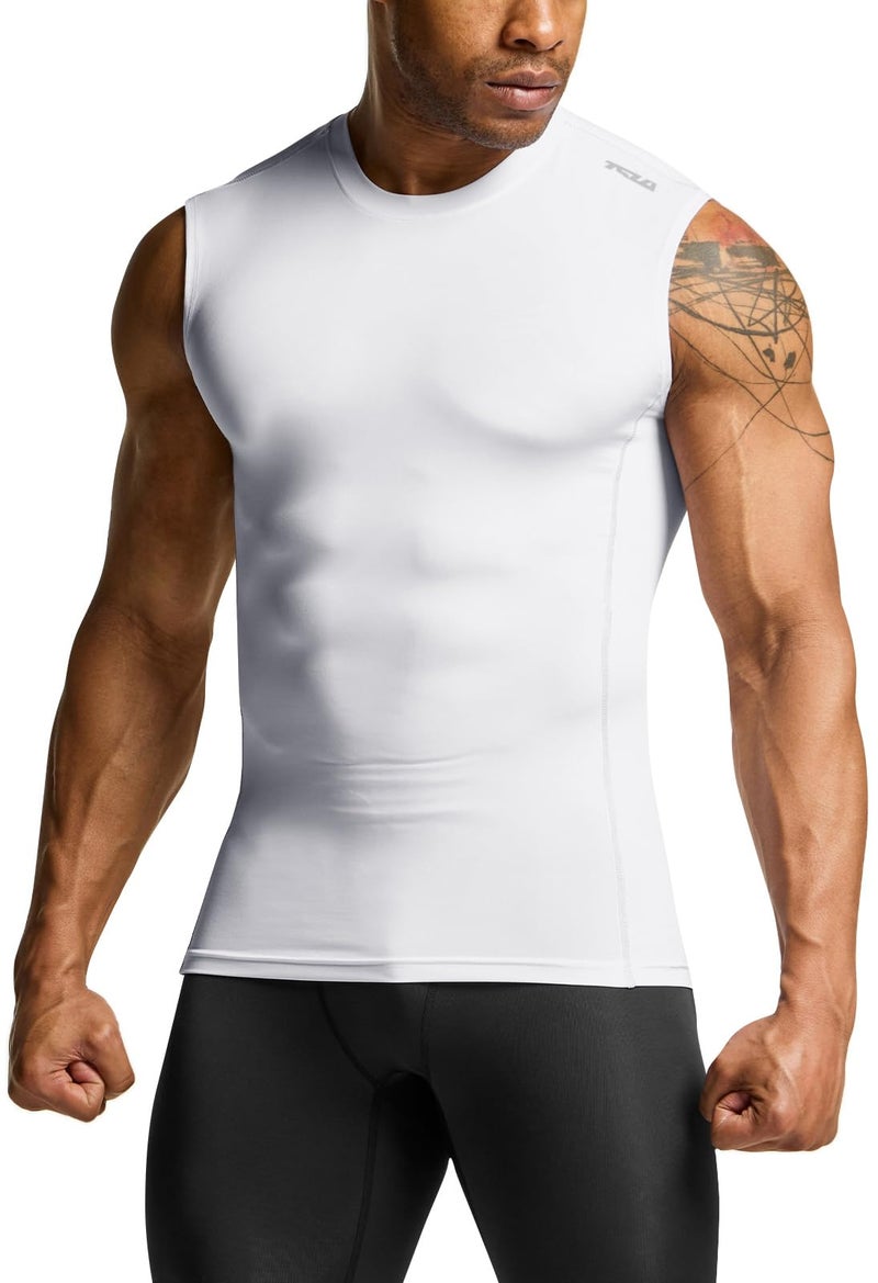 TSLA Men's Sleeveless Workout Shirts, Dry Fit Running Compression Cutoff Shirts, Athletic Training Tank Top, Active 3pack Sleevless White/White/White, Medium - Image 2